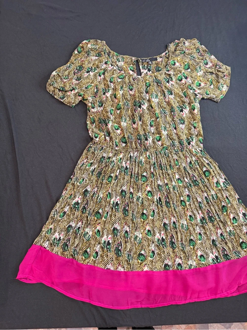 C. Luce Green Peacock Print Dress with Pink Hem - Picture 2 of 5
